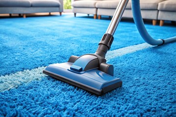 A blue carpet is being cleaned by a vacuum cleaner