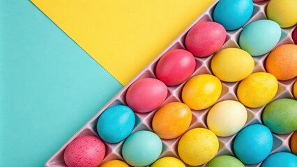 Obraz premium Vibrant colored Easter eggs in a geometric pattern against a bright background, springtime motifs, easter decorations, abstract designs, seasonal art, vibrant colors