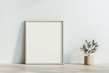 Framed empty canvas on the floor near the wall with plant in pot. Minimalist interior decor with blank canvas and houseplant. Modern home decoration with empty frame