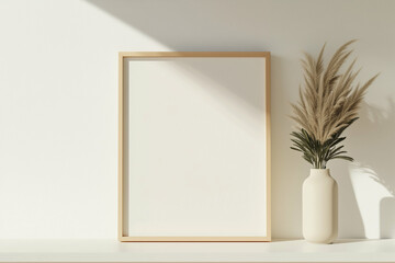 Vase with dried plants and frame on the table. Home decor with interior design elements. Frame mockup with vase and plants