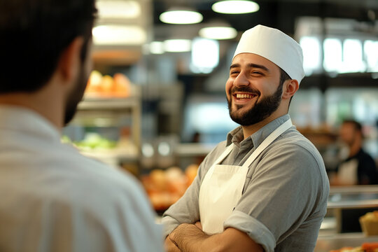Male workers share a laugh after a long day at the bakery