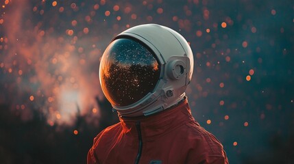 A man in a red spacesuit is standing in front of a starry sky. The image has a dreamy, otherworldly feel to it, as if the man is an astronaut exploring the universe