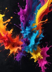 vibrant abstract art piece featuring fluid ink splashes in bold colors on a dark canvas , vibrant, abstract, dynamic