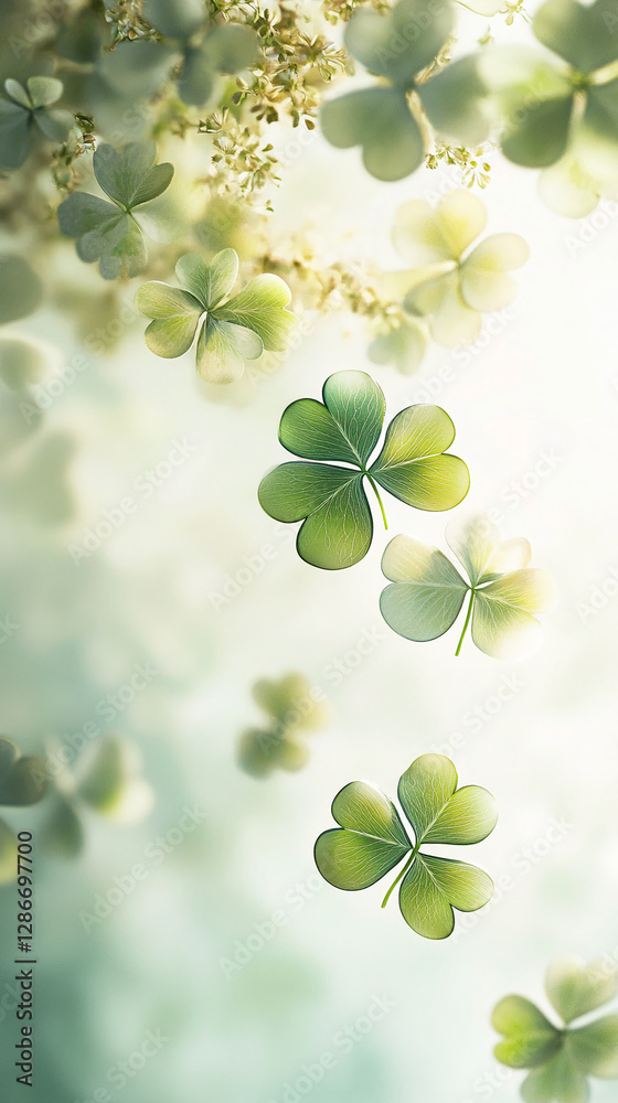 Poster A close-up of floating clover leaves in soft focus, creating a dreamy atmosphere, representing luck, prosperity, and nature, with a fresh, bright background of light greens.