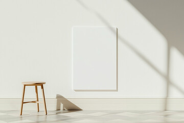 Stool near wall with blank canvas in interior. Minimalist interior design with wooden stool and white wall. Modern interior with stool and canvas