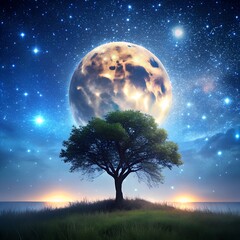Lonely tree under a glowing full moon in a serene night sky with vibrant stars. Tranquil nature animation scene.
