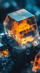 A close-up of a glowing crystal cube surrounded by smaller crystals, showcasing a captivating interplay of light and color.