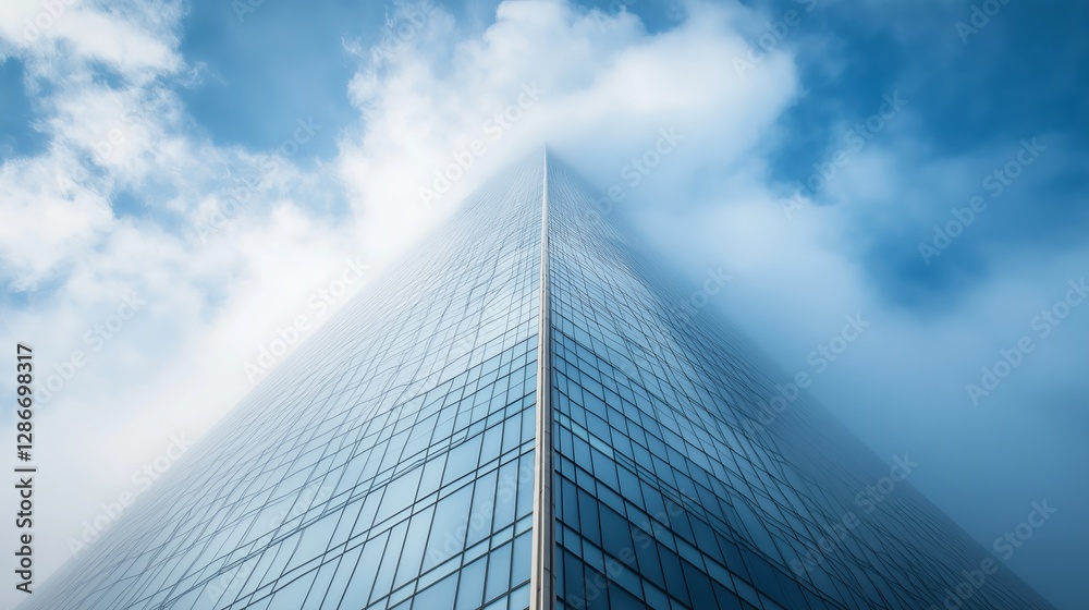 Poster A futuristic skyscraper emerging from the clouds. 