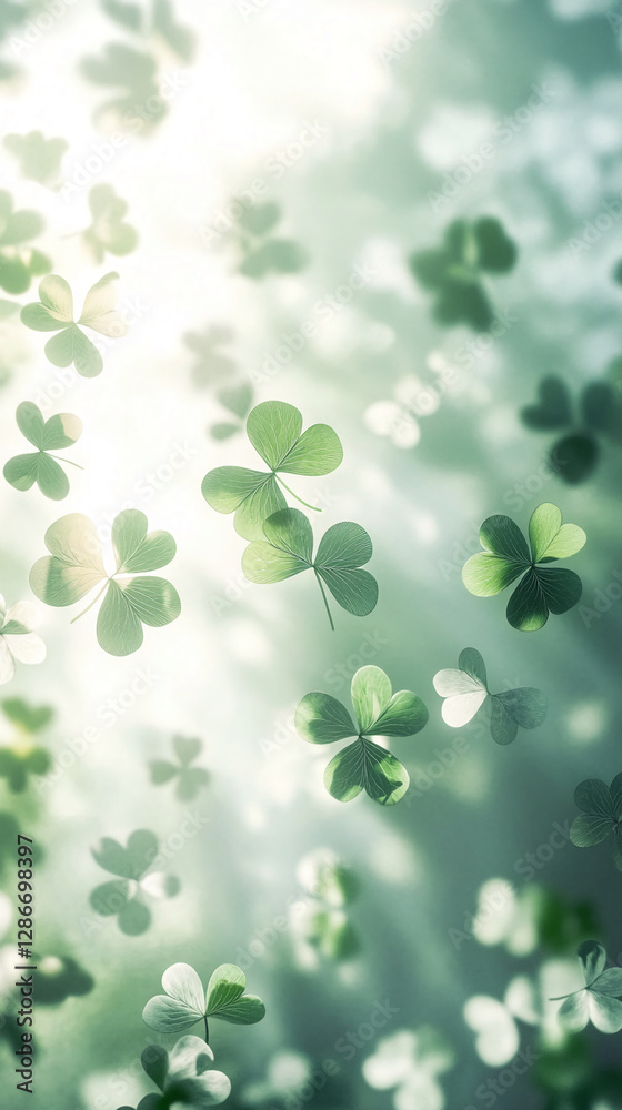 Poster A soft-focus image of floating clover leaves in bright green tones, with bokeh lighting in the background, symbolizing luck, St. Patrick's Day, and springtime freshness.