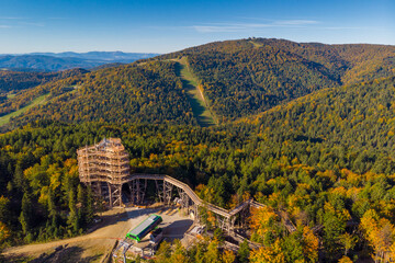 Widok z lotu ptaka na wieżę widokową w Krynicy. © Jacek