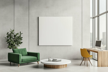 Interior space with modern interior and contemporary office with green armchair. Modern interior features a desk chair and large window. Contemporary office space with blank canvas on the wall