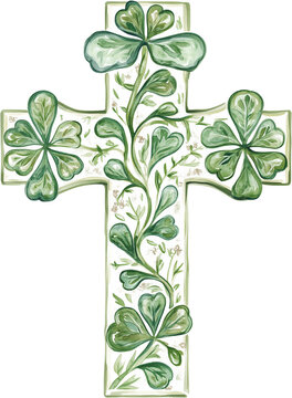 Green Irish Cross with Shamrock isolated on a white background