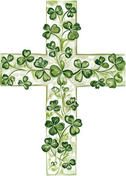 Watercolor Cross with Green Clovers  
isolated on a white background