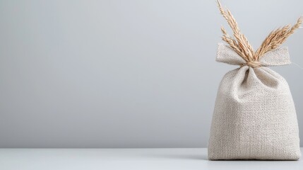 Linen bag, wheat stalks, minimalist background, product packaging, eco-friendly