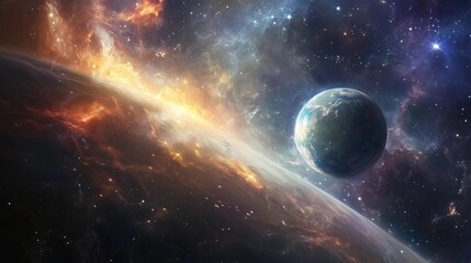 Obraz premium A planet is floating in space with a bright orange and yellow background. The planet is surrounded by a lot of stars and the sky is filled with them