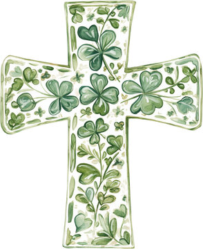 Watercolor Shamrock Cross with Celtic Design  isolated on a white background