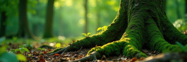Roots and trunk of deciduous tree covered with moss, forest floor plants, tree roots, natural world