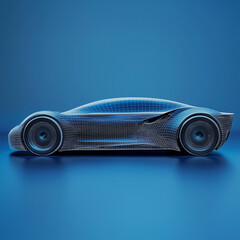 A futuristic wireframe of a car concept on a blue background. - 

