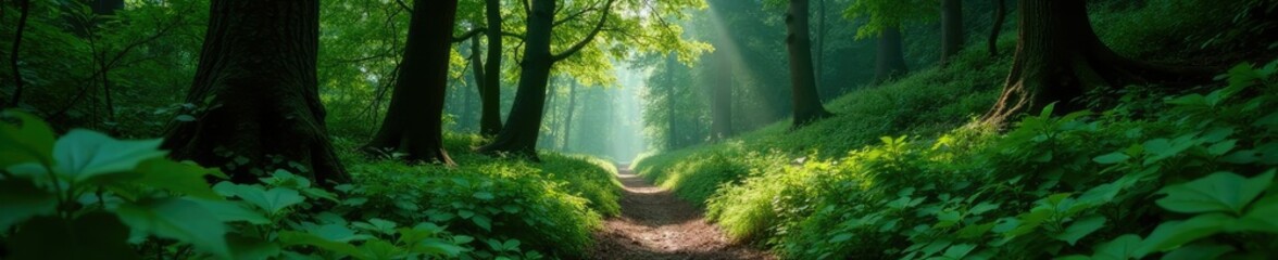 Fototapeta premium Overgrown coniferous forest path with dense foliage and vines, overgrown, vines