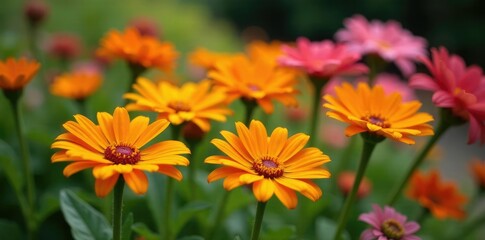Obraz premium Orange gerbera daisies in a garden with other flowers, flowers arrangement, garden,