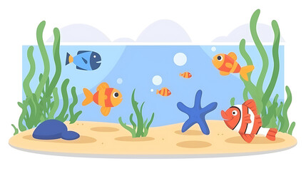 Underwater world with fish and seaweed. Vector illustration in flat style