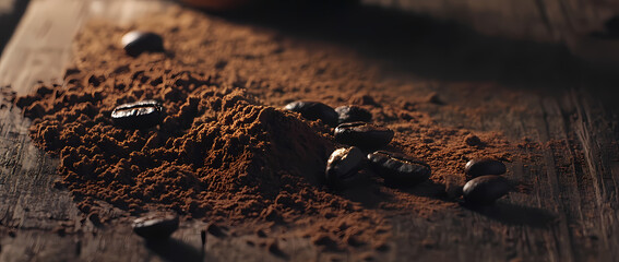 Coffee Ritual: Coffee beans and ground coffee creating a rich texture of the beverage. A rustic, earthy vibe that's both inviting and full of character.