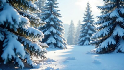 Obraz premium Frost coated every branch of the snow-covered pine, snow covered, evergreen trees, icy atmosphere