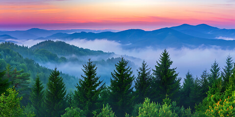 Misty Mountain Sunrise with Vibrant Colors and Evergreen Trees
