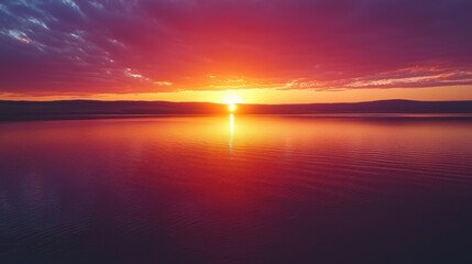 Naklejka premium Vibrant Lake Sunset with Fiery Sky and Water Reflection