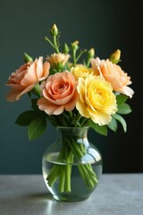 Delicate peach and yellow carnation bouquet in a small, elegant vase with lush greenery, blooms, vase
