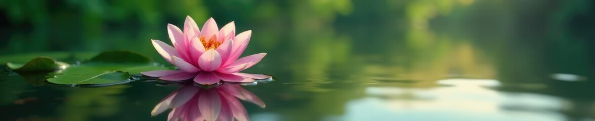 A single lily flower on the surface of a small lake, lakeside scenery, reflection, water