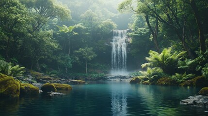 Fototapeta premium Waterfall Flows Into Tranquil Lake Surrounded by Lush Green Forest