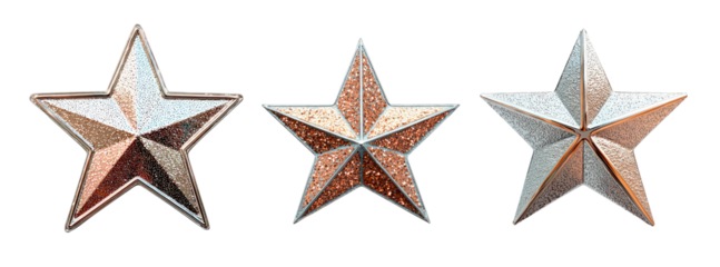 Set of silver metallic star isolated on transparent background