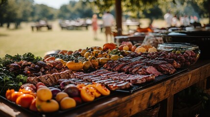 Outdoor BBQ buffet with grilled meats and vegetables, elegant party in a field