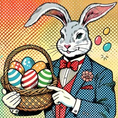 Pop-art Easter Bunny holding a basket of colorful eggs, retro comic-style illustration
