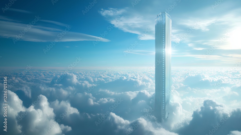 Poster a futuristic skyscraper emerging from the clouds.