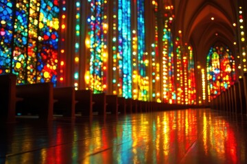 Fototapeta premium A vibrant church illuminated by an array of colorful lights, creating a festive and enchanting atmosphere at night.