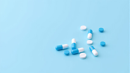 Colorful capsules and pills on a blue background
