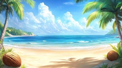Tropical Beach Paradise with Palm Trees and Coconuts in the Sand