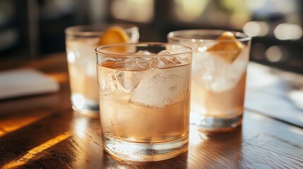 Three glasses of pink drink with ice cubes and lemon slices. The glasses are on a wooden table