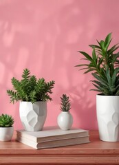 Fototapeta premium White paper vase with succulents and open books on household table near pink painted wall, growth, education, learning, neat, vibrant