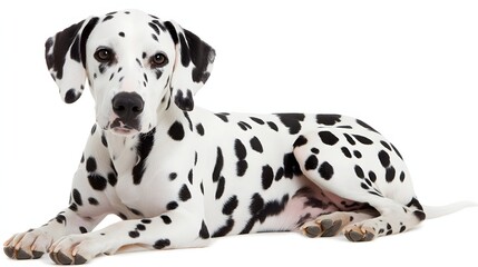 Portrait of a Dalmatian Dog Relaxing with Spotty Coat and Expressive Eyes on White Background