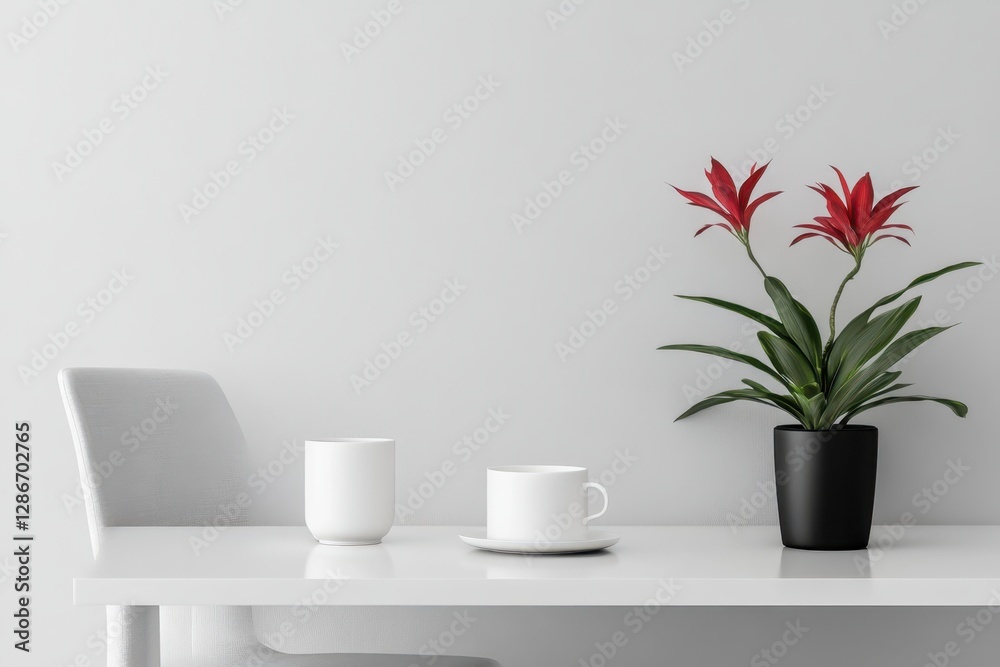 Wall mural Two cups sit beside a vibrant green plant on a simple table, creating a cozy and inviting atmosphere for relaxation or socializing.