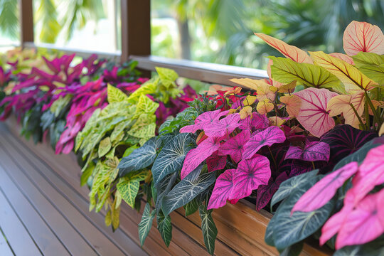 Tropical caladium leafed plants on deck in mass plantings