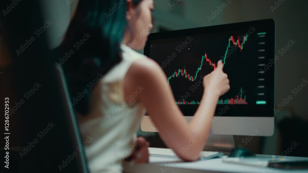 Poster professional businesswoman reviewing stock market data on computer screen, working late with focused