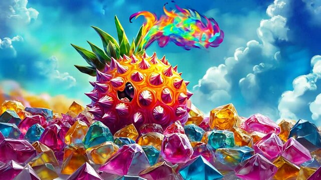 A colorful, cartoon pineapple character with rainbow flames resting on a gem pile.