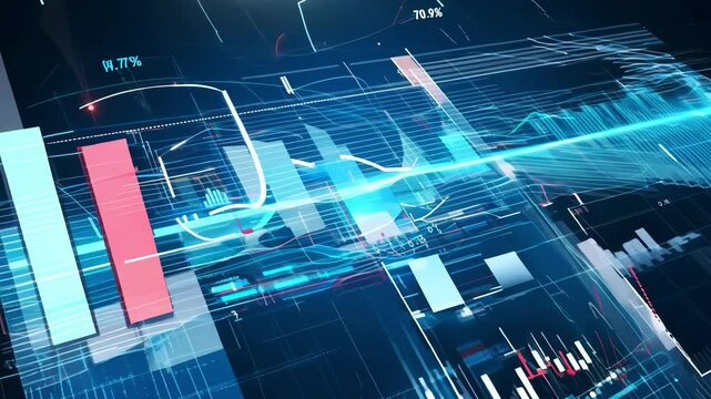 A high-tech digital interface with glowing blue and pink elements, data charts, and futuristic HUD graphics, representing advanced technology and innovation.
