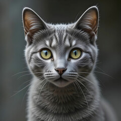 Isolated closeup shot of a gray cat looking into the camera
