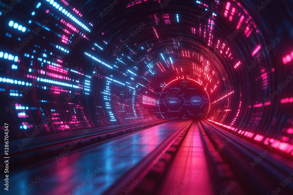 Wall mural vibrant digital binary tunnel with glowing numbers