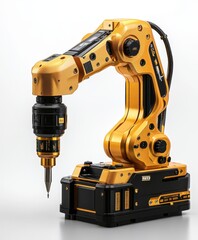 A detailed close-up of a robot gripping a drill, showcasing advanced technology and mechanical design in action.